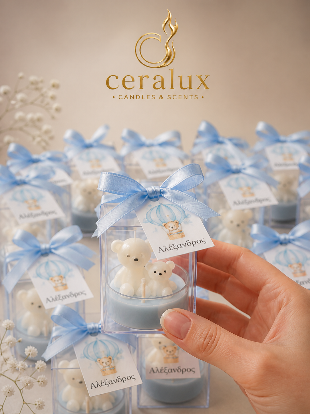 Luxury Μπομπονιέρα Βάπτισης – Αρωματικό Κερί με Custom Σχέδιο